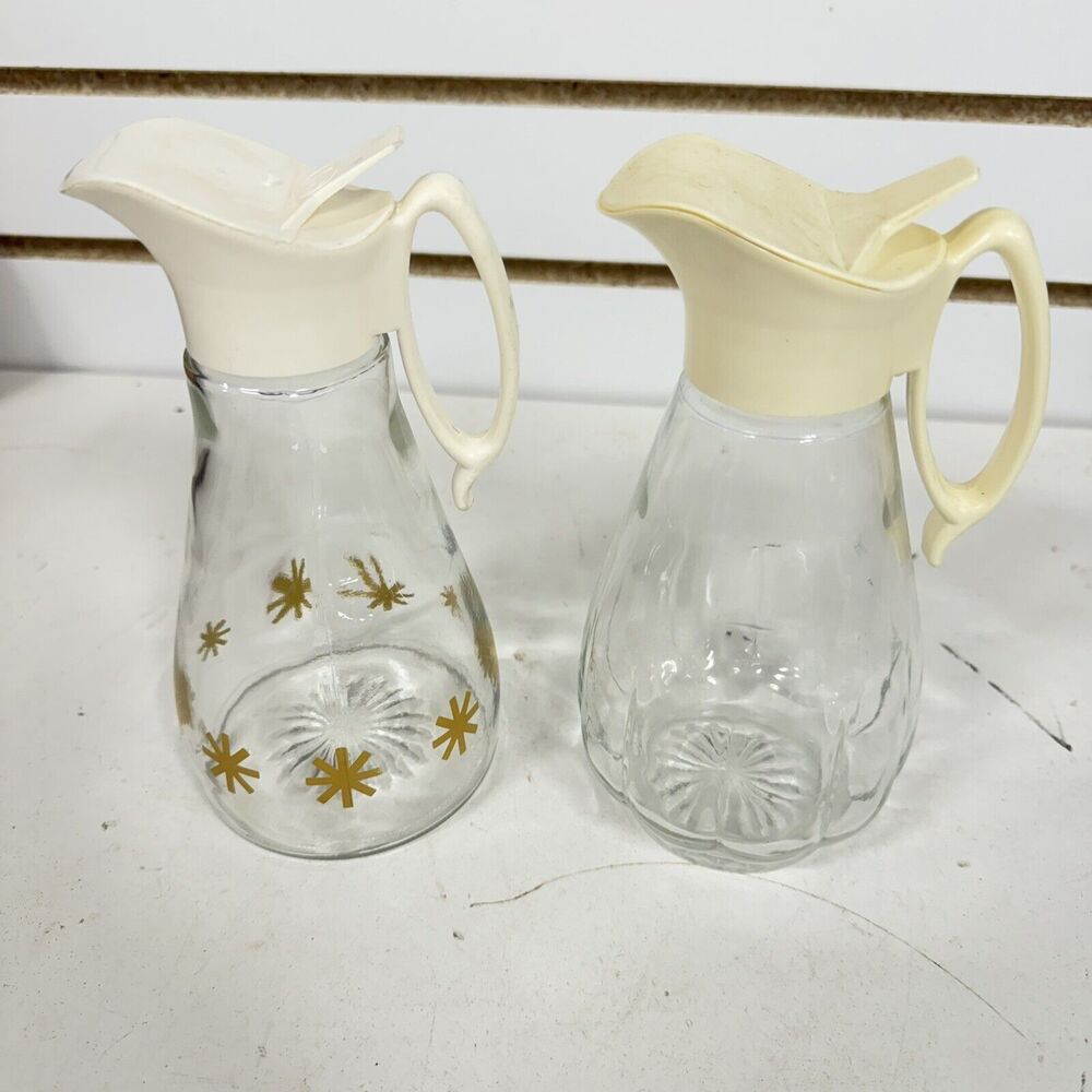 Pair 2 Vintage LOG CABIN Glass Atomic Gold Star Maple Syrup Log Cabin Dispensers